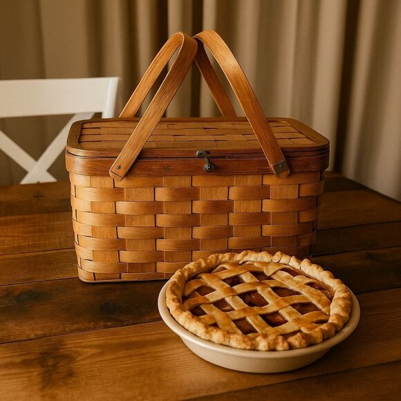 Vintage Woven Pie Carrier Basket West Rindge USA Rustic Country Cottage Baking - Picture 1 of 16